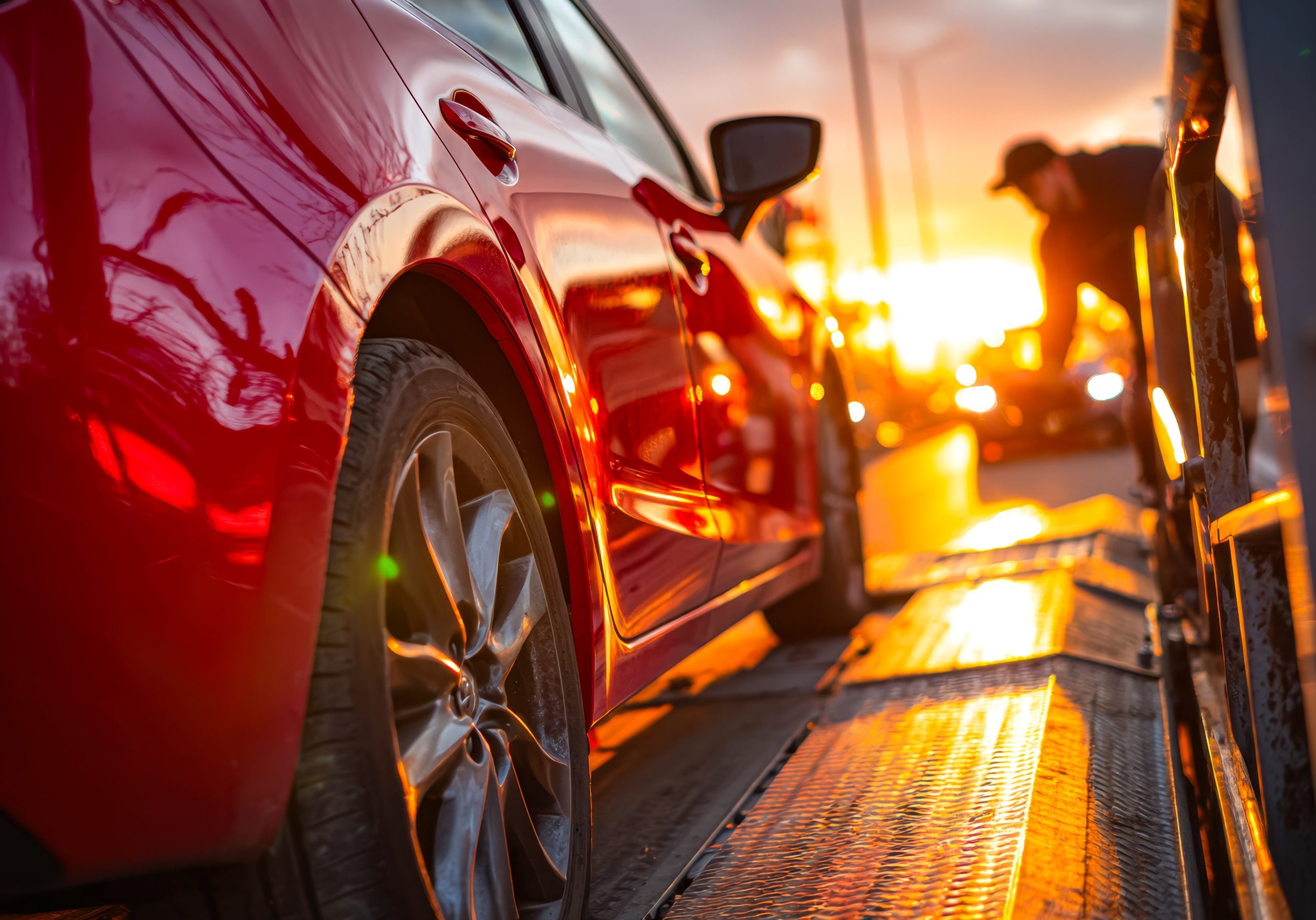 Red Car Being Loaded Onto A Tow Truck During Sunset